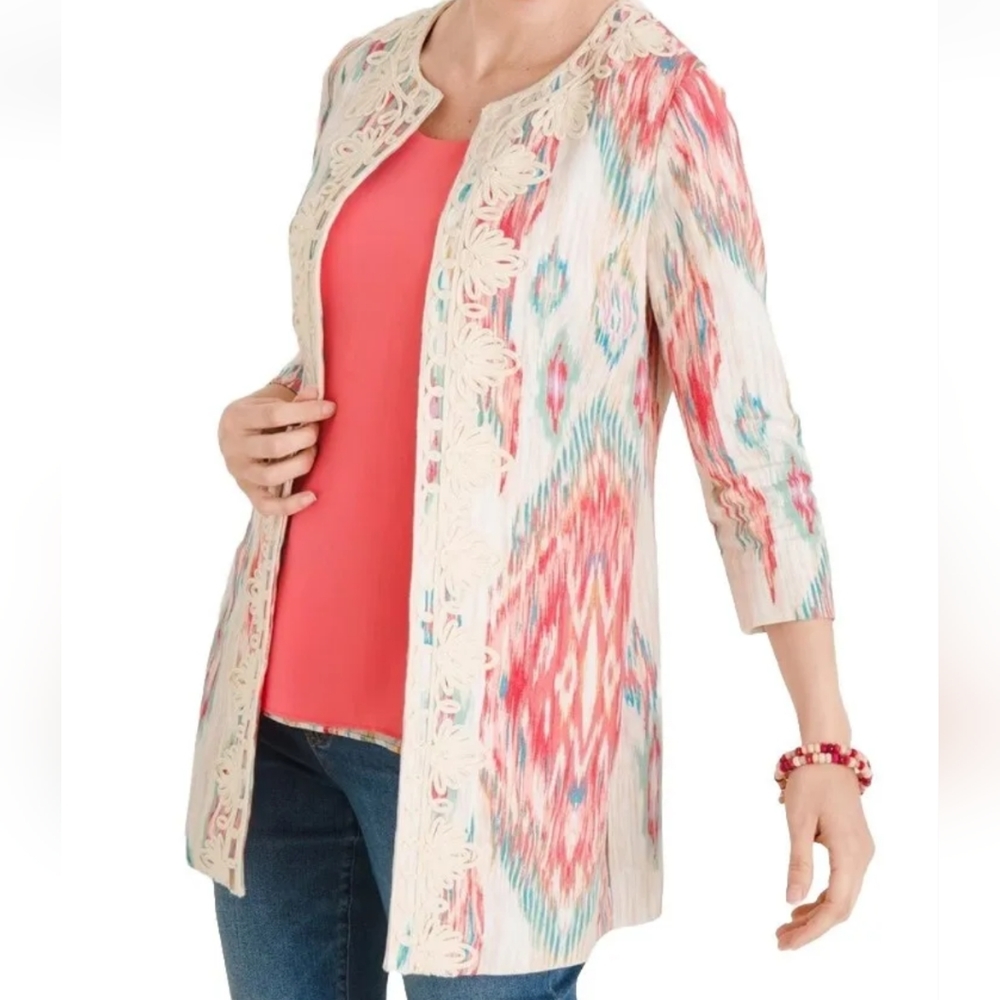 Chico's 1 Linen Jacket Southwest Aztec Southwest Western Open Front Neutral Med